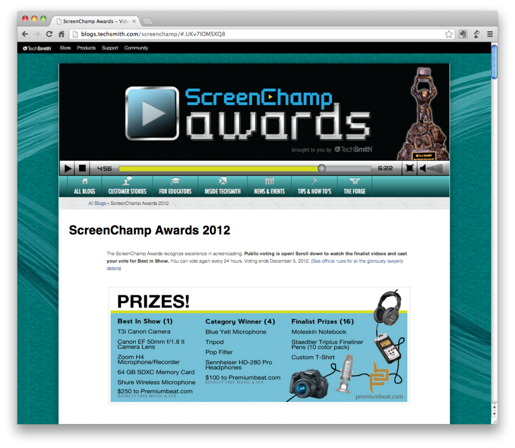 Pantalla inicial del sitio web ScreenChamp Awards 2012