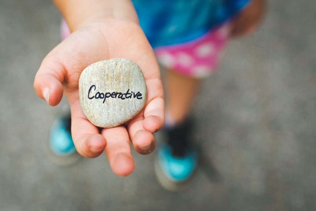 Mano de niña que sujeta una piedra con el texto "Cooperative". Para influir con el storytelling hay que llevar las historias con cuidado.